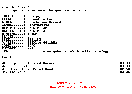 NFO for the release Lovejoy-Second_to_One-EP-16BIT-WEB-FLAC-2026-ENRiCH by ENRiCH