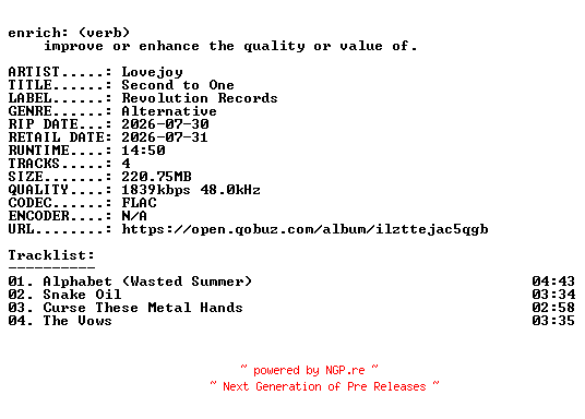 NFO for the release Lovejoy-Second_to_One-EP-24BIT-WEB-FLAC-2026-ENRiCH by ENRiCH