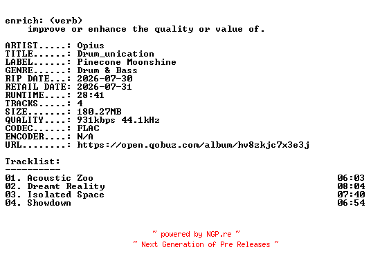 NFO for the release Opius-Drum_unication-EP-16BIT-WEB-FLAC-2026-ENRiCH by ENRiCH