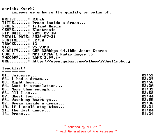 NFO for the release R3hab-Dream_inside_a_dream_-WEB-2026-ENRiCH by ENRiCH