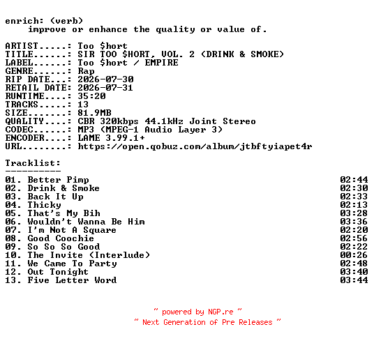 NFO for the release Too_short-SIR_TOO_sHORT_VOL._2_(DRINK_and_SMOKE)-WEB-2026-ENRiCH by ENRiCH