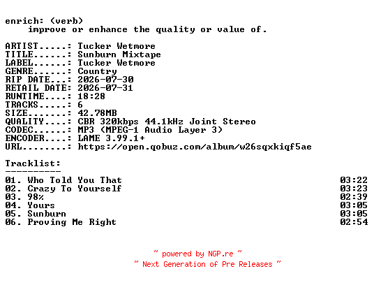 NFO for the release Tucker_Wetmore-Sunburn_Mixtape-EP-WEB-2026-ENRiCH by ENRiCH