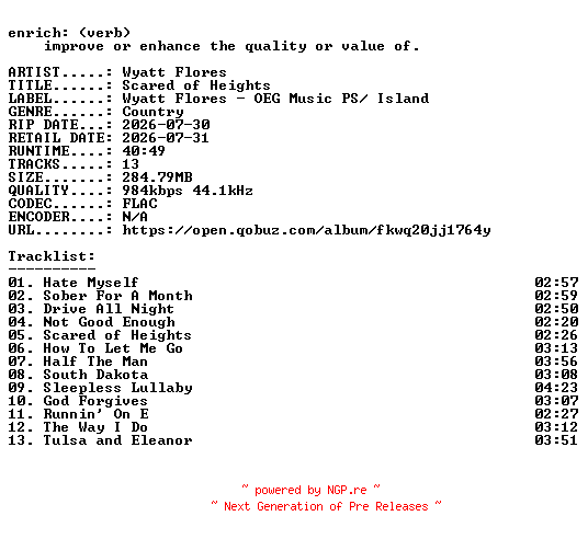 NFO for the release Wyatt_Flores-Scared_of_Heights-16BIT-WEB-FLAC-2026-ENRiCH by ENRiCH
