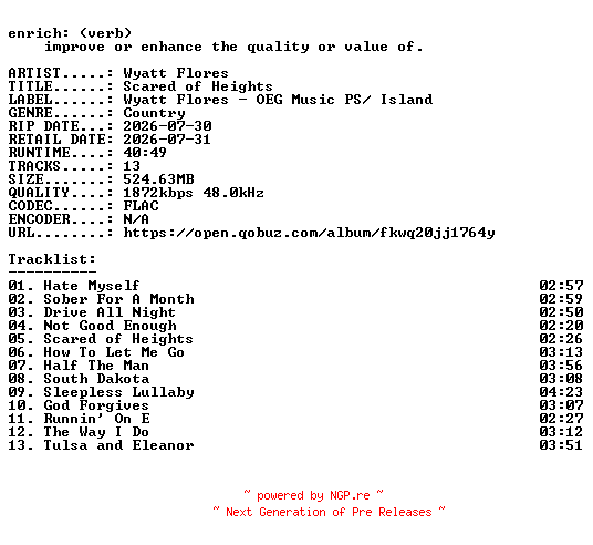 NFO for the release Wyatt_Flores-Scared_of_Heights-24BIT-WEB-FLAC-2026-ENRiCH by ENRiCH