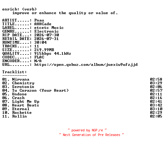 NFO for the release Pnau-AHHCade-16BIT-WEB-FLAC-2026-ENRiCH by ENRiCH