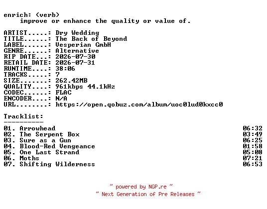 NFO for the release Dry_Wedding-The_Back_of_Beyond-16BIT-WEB-FLAC-2026-ENRiCH by ENRiCH