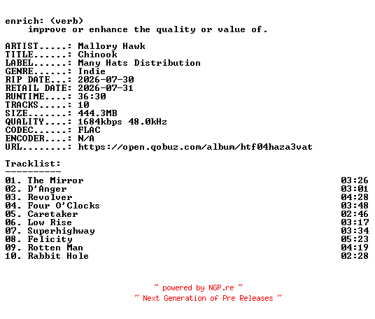 NFO for the release Mallory_Hawk-Chinook-24BIT-WEB-FLAC-2026-ENRiCH by ENRiCH