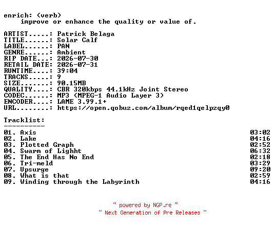 NFO for the release Patrick_Belaga-Solar_Calf-WEB-2026-ENRiCH by ENRiCH