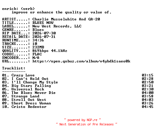 NFO for the release Charlie_Musselwhite_And_GA-20-BLUES_NOW-16BIT-WEB-FLAC-2026-ENRiCH by ENRiCH