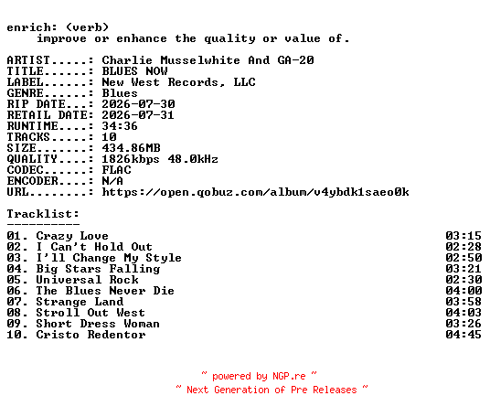 NFO for the release Charlie_Musselwhite_And_GA-20-BLUES_NOW-24BIT-WEB-FLAC-2026-ENRiCH by ENRiCH