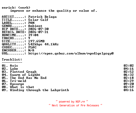 NFO for the release Patrick_Belaga-Solar_Calf-16BIT-WEB-FLAC-2026-ENRiCH by ENRiCH