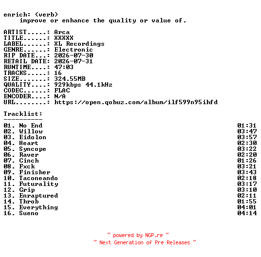 NFO for the release Arca-XXXXX-16BIT-WEB-FLAC-2026-ENRiCH by ENRiCH