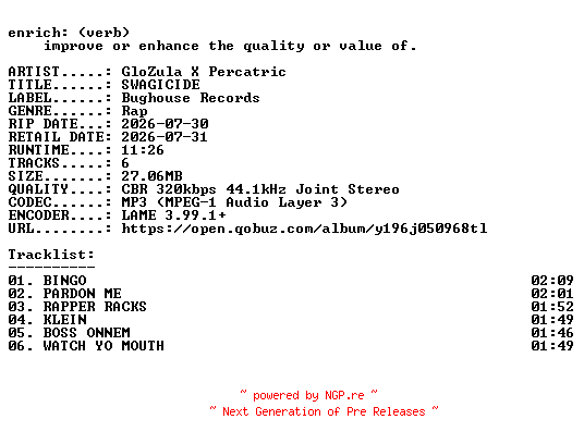 NFO for the release GloZula_X_Percatric-SWAGICIDE-EP-WEB-2026-ENRiCH by ENRiCH