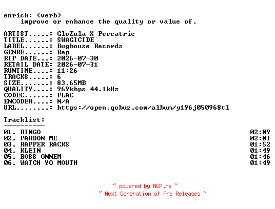 NFO for the release GloZula_X_Percatric-SWAGICIDE-EP-16BIT-WEB-FLAC-2026-ENRiCH by ENRiCH