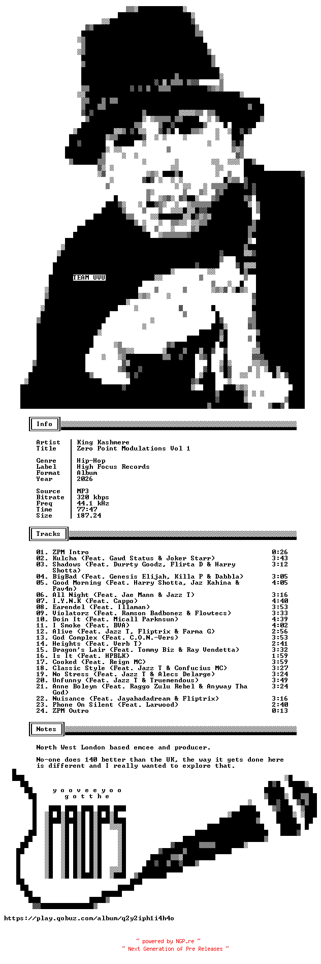 NFO for the release King_Kashmere-Zero_Point_Modulations_Vol_1-WEB-2026-UVU by UVU