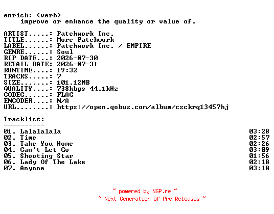 NFO for the release Patchwork_Inc.-More_Patchwork-16BIT-WEB-FLAC-2026-ENRiCH by ENRiCH