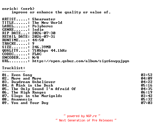 NFO for the release Shearwater-The_New_World-16BIT-WEB-FLAC-2026-ENRiCH by ENRiCH