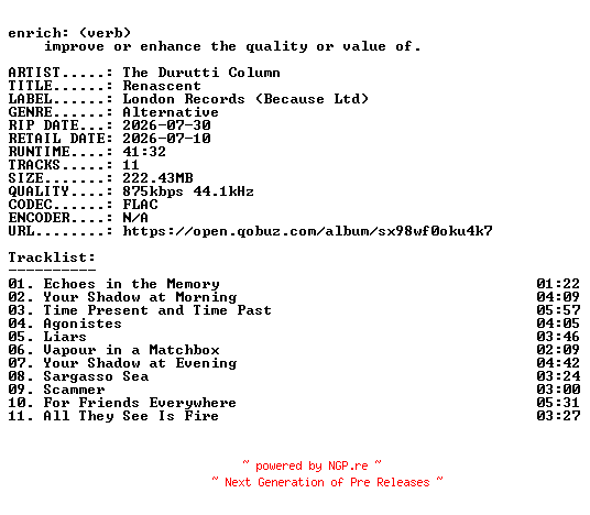 NFO for the release The_Durutti_Column-Renascent-16BIT-WEB-FLAC-2026-ENRiCH by ENRiCH