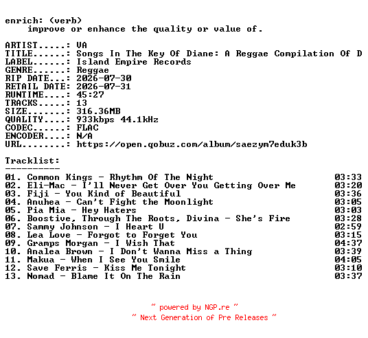 NFO for the release VA-Songs_In_The_Key_Of_Diane_A_Reggae_Compilation_Of_Diane_Warren_Songs-16BIT-WEB-FLAC-2026-ENRiCH by ENRiCH