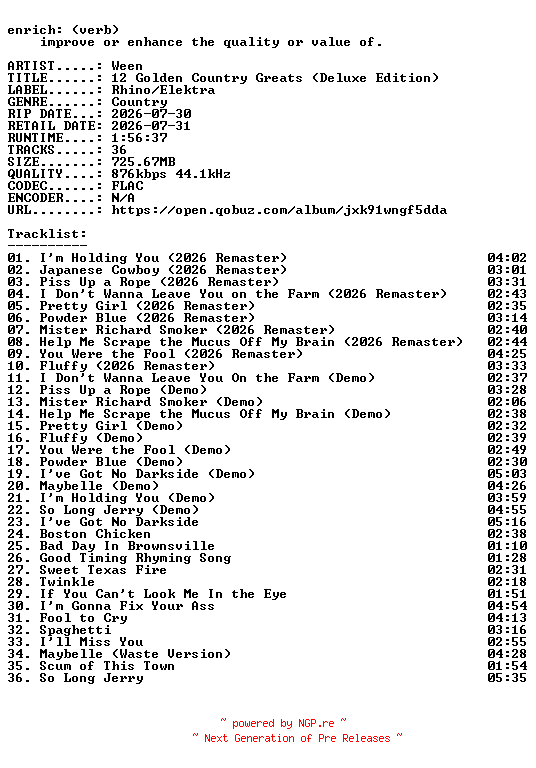 NFO for the release Ween-12_Golden_Country_Greats_(Deluxe_Edition)-16BIT-WEB-FLAC-2026-ENRiCH by ENRiCH
