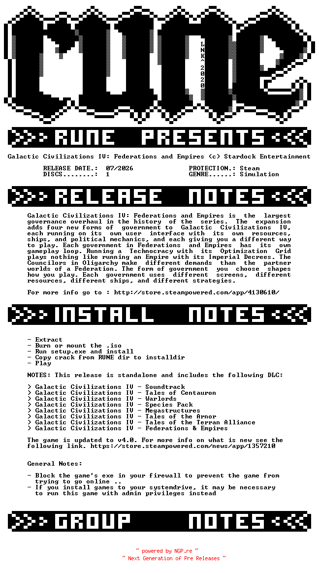 NFO for the release Galactic.Civilizations.IV.Federations.and.Empires-RUNE by RUNE