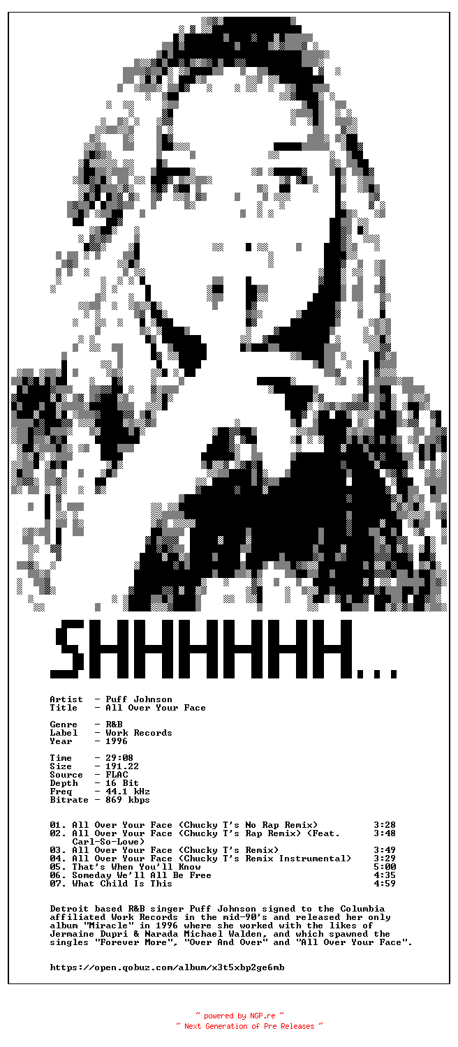 NFO for the release Puff_Johnson-All_Over_Your_Face-16BIT-WEB-FLAC-1996-SHHHHHH by SHHHHHH