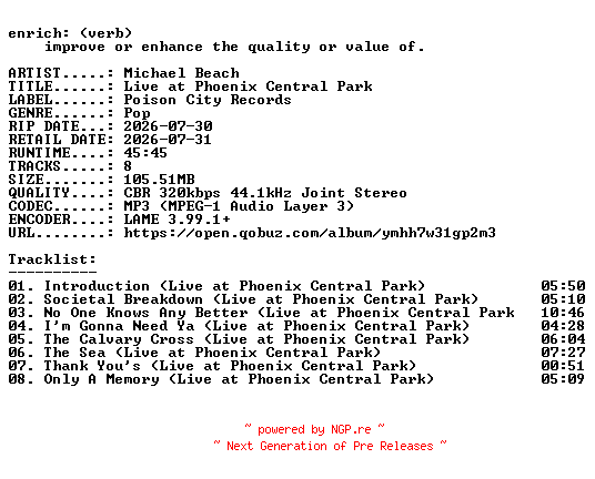 NFO for the release Michael_Beach-Live_at_Phoenix_Central_Park-WEB-2026-ENRiCH by ENRiCH