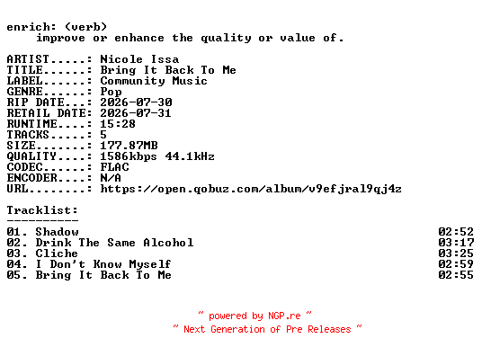 NFO for the release Nicole_Issa-Bring_It_Back_To_Me-EP-24BIT-WEB-FLAC-2026-ENRiCH by ENRiCH