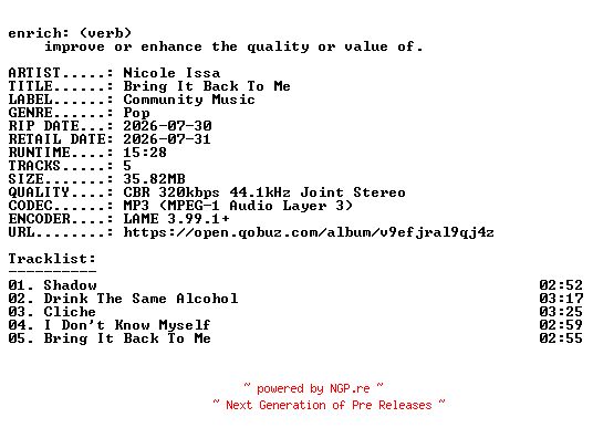 NFO for the release Nicole_Issa-Bring_It_Back_To_Me-EP-WEB-2026-ENRiCH by ENRiCH