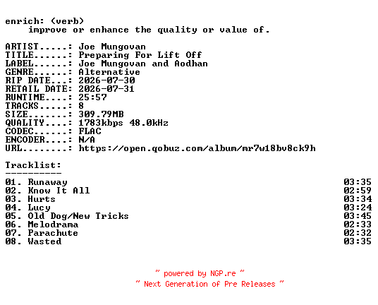 NFO for the release Joe_Mungovan-Preparing_For_Lift_Off-24BIT-WEB-FLAC-2026-ENRiCH by ENRiCH