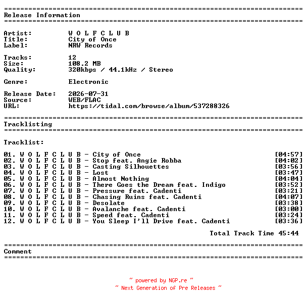 NFO for the release W_O_L_F_C_L_U_B-City_of_Once-WEB-2026-PIZZA by PIZZA