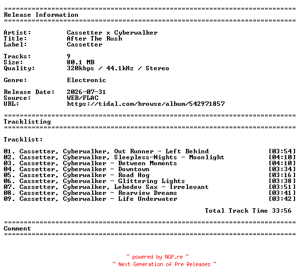 NFO for the release Cassetter_x_Cyberwalker-After_The_Rush-WEB-2026-PIZZA by PIZZA