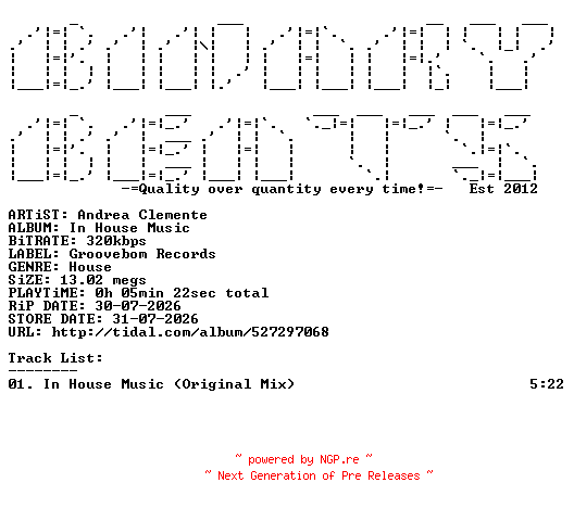 NFO for the release Andrea_Clemente-In_House_Music-(GB338)-SINGLE-WEB-2026-BB by BB