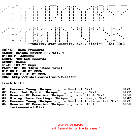 NFO for the release Babs_Presents-Unique_Rhythm_EP_Vol._9-(4THSR342)-WEB-2026-BB by BB