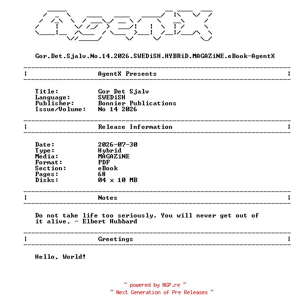 NFO for the release Gor.Det.Sjalv.No.14.2026.SWEDiSH.HYBRiD.MAGAZiNE.eBook-AgentX by AgentX