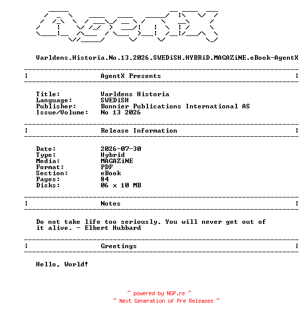 NFO for the release Varldens.Historia.No.13.2026.SWEDiSH.HYBRiD.MAGAZiNE.eBook-AgentX by AgentX