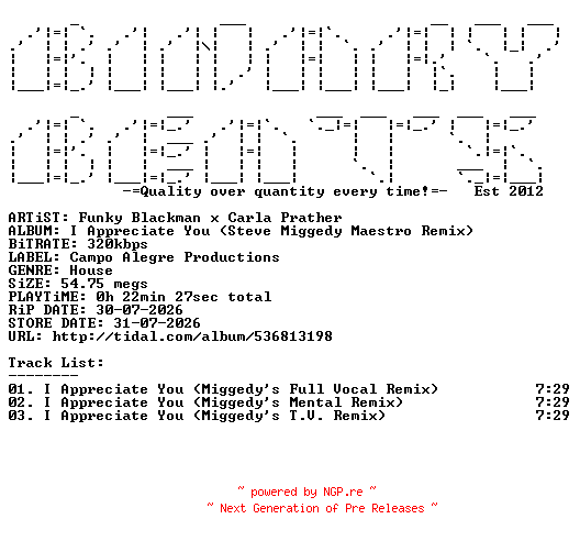 NFO for the release Funky_Blackman_x_Carla_Prather-I_Appreciate_You_(Steve_Miggedy_Maestro_Remix)-(CAP281)-WEB-2026-BB by BB