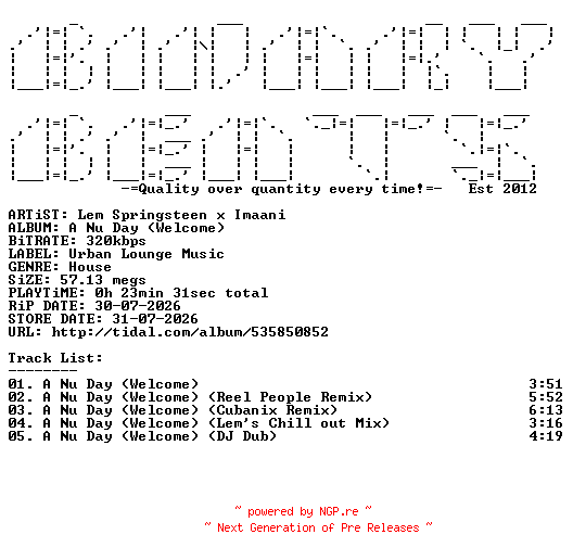 NFO for the release Lem_Springsteen_x_Imaani-A_Nu_Day_(Welcome)-(UBL006)-WEB-2026-BB by BB