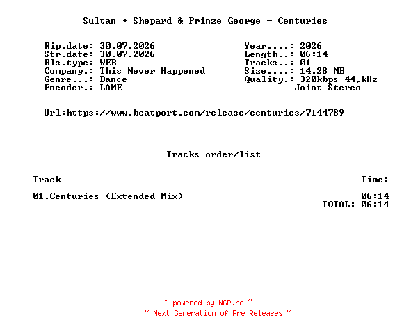NFO for the release Sultan_And_Shepard_And_Prinze_George_-_Centuries-(TNH340E)-SINGLE-WEB-2026-FMC by FMC
