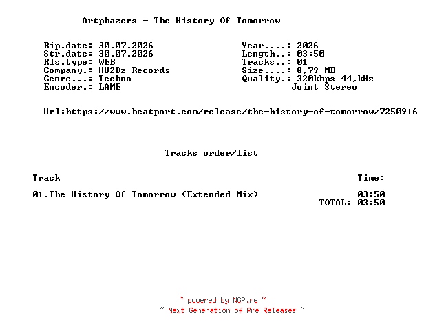 NFO for the release Artphazers_-_The_History_Of_Tomorrow-(HU2DZ153)-SINGLE-WEB-2026-FMC by FMC