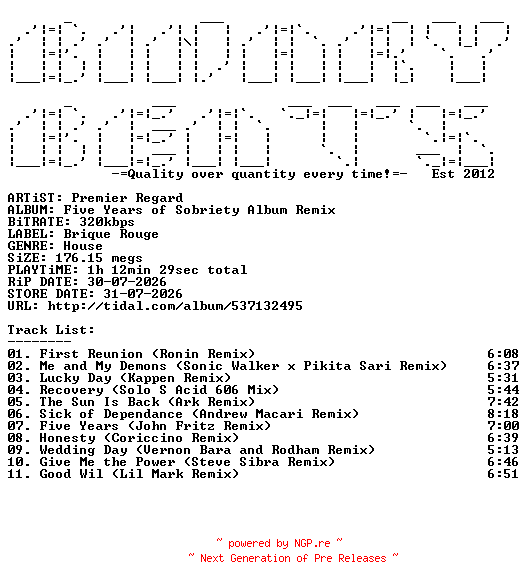 NFO for the release Premier_Regard-Five_Years_Of_Sobriety_Album_Remix-(BR430)-WEB-2026-BB by BB
