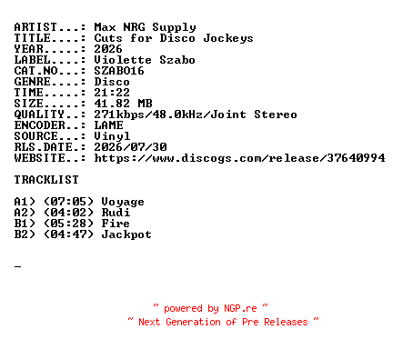 NFO for the release Max_NRG_Supply-Cuts_for_Disco_Jockeys-(SZABO16)-VINYL-2026-USR by USR
