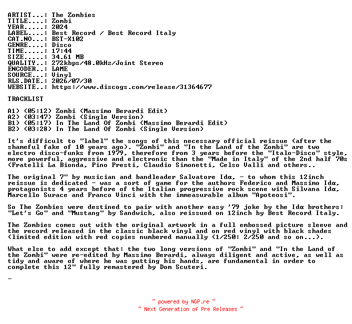 NFO for the release The_Zombies-Zombi-(BST-X102)-REISSUE-VINYL-2024-USR by USR