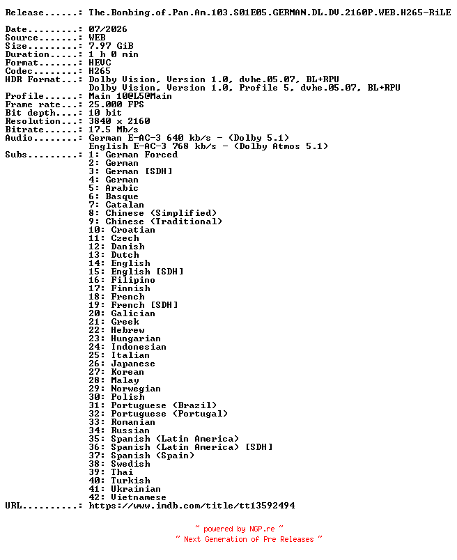 NFO for the release The.Bombing.of.Pan.Am.103.S01E05.GERMAN.DL.DV.2160P.WEB.H265-RiLE by RiLE