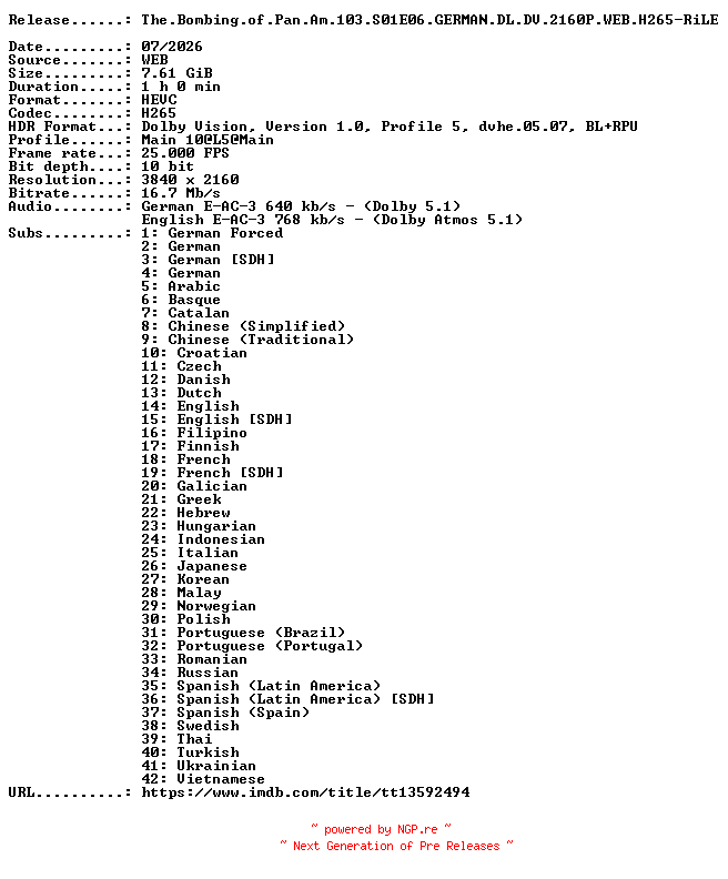 NFO for the release The.Bombing.of.Pan.Am.103.S01E06.GERMAN.DL.DV.2160P.WEB.H265-RiLE by RiLE