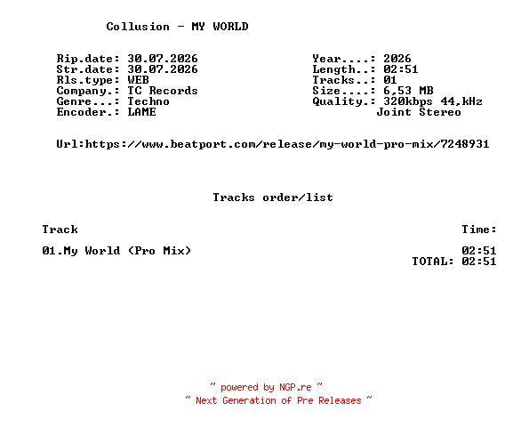 NFO for the release Collusion_-_MY_WORLD-(TCRECPRO183)-SINGLE-WEB-2026-FMC by FMC