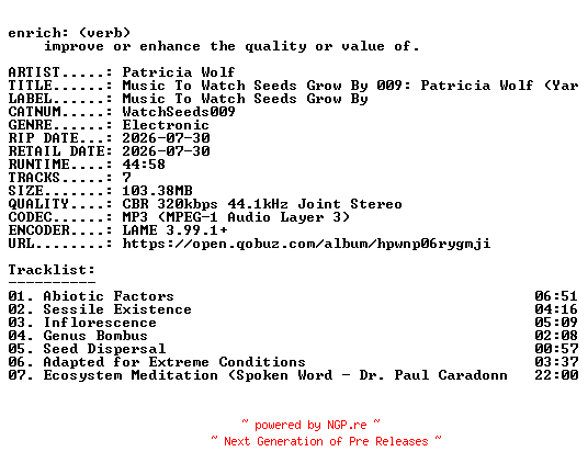 NFO for the release Patricia_Wolf-Music_To_Watch_Seeds_Grow_By_009_Patricia_Wolf_(Yarrow)-(WATCHSEEDS009)-WEB-2026-ENRiCH by ENRiCH