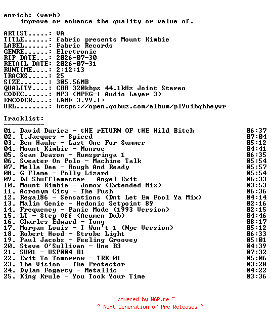 NFO for the release VA-fabric_presents_Mount_Kimbie-WEB-2026-ENRiCH by ENRiCH