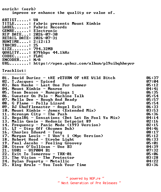 NFO for the release VA-fabric_presents_Mount_Kimbie-16BIT-WEB-FLAC-2026-ENRiCH by ENRiCH