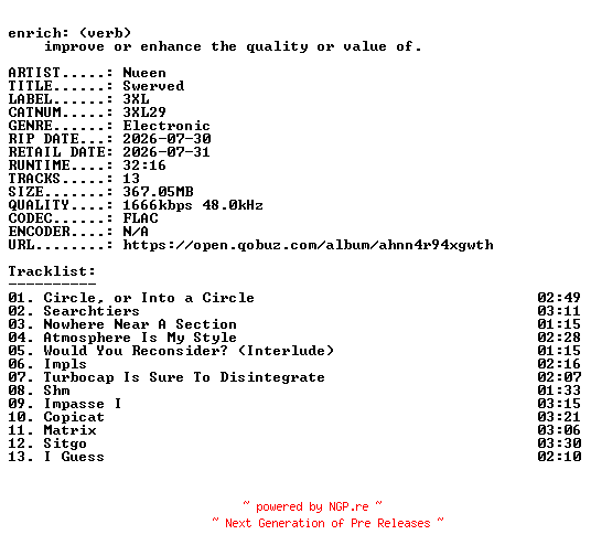 NFO for the release Nueen-Swerved-(3XL29)-24BIT-WEB-FLAC-2026-ENRiCH by ENRiCH